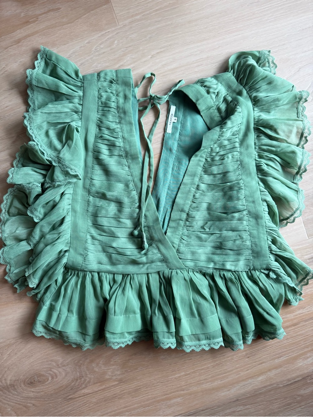 Tularosa Ethereal Sage Mint Green Kaia Ruffle Sheer Top Blouse, Small